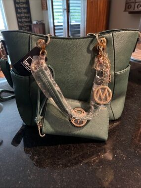 MKF  Dark Green Pebbled Leather Tote with Gold Hardware. Brand New!